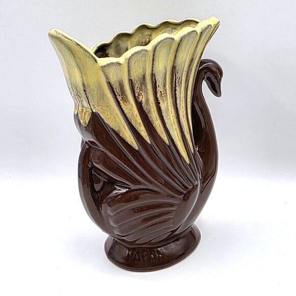 Vintage Swan Vase Mid Century Art Deco Brown Yellow Drip Japan Unique Rare 6" - Picture 4 of 10